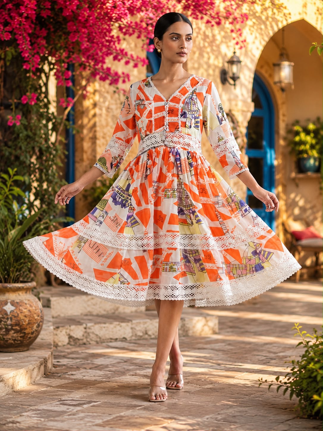 Premium Mull Cotton Printed Fit & Flare Midi Dress for Women