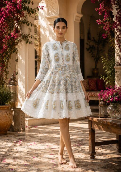 Women's Premium Cotton Paisley Printed Fit & Flare Mini Dress with Lace Detailing