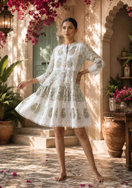 Women's Premium Cotton Paisley Printed Fit & Flare Mini Dress with Lace Detailing