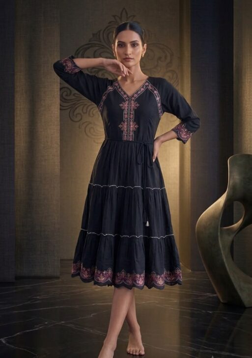 Women's Premium Mull Cotton Embroidered Fit & Flare Midi Dress with Printed Border