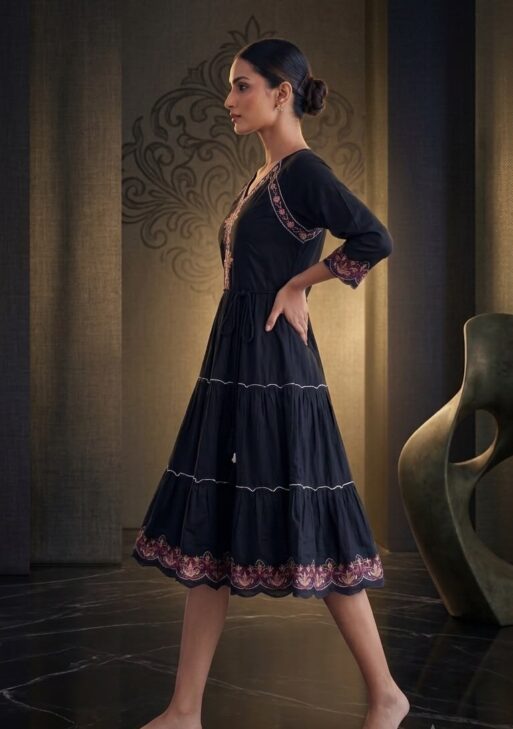 Women's Premium Mull Cotton Embroidered Fit & Flare Midi Dress with Printed Border