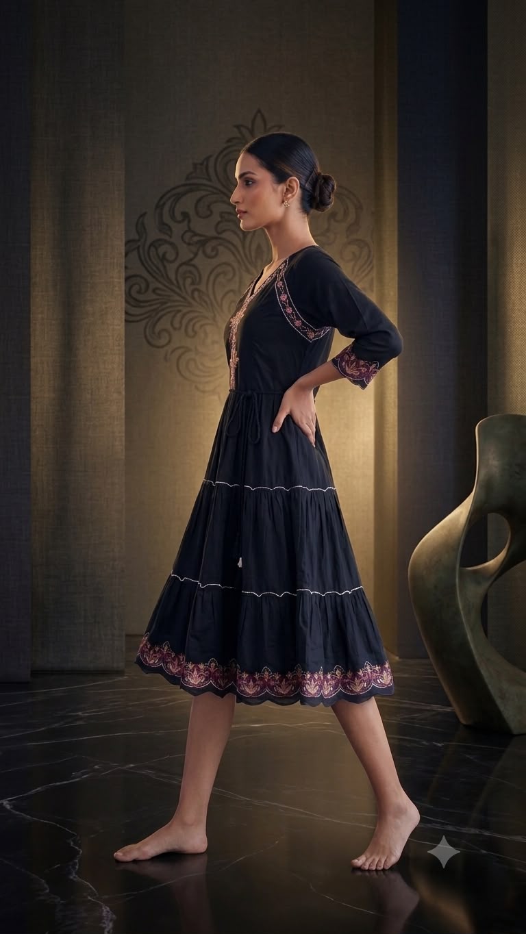 Women's Premium Mull Cotton Embroidered Fit & Flare Midi Dress with Printed Border