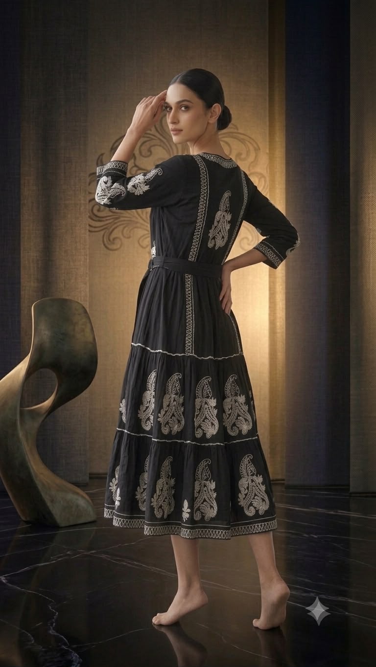 Women's Black Embroidered Mulmul Cotton Midi Dress - Image 3