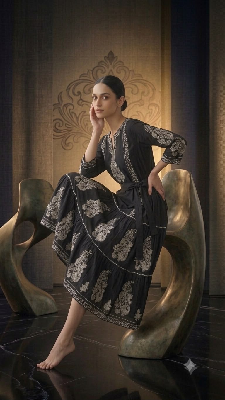 Women's Black Embroidered Mulmul Cotton Midi Dress - Image 2
