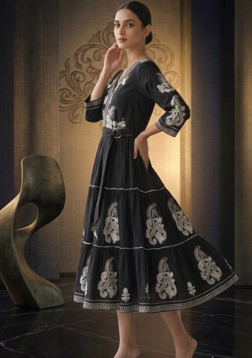 Women's Black Embroidered Mulmul Cotton Midi Dress