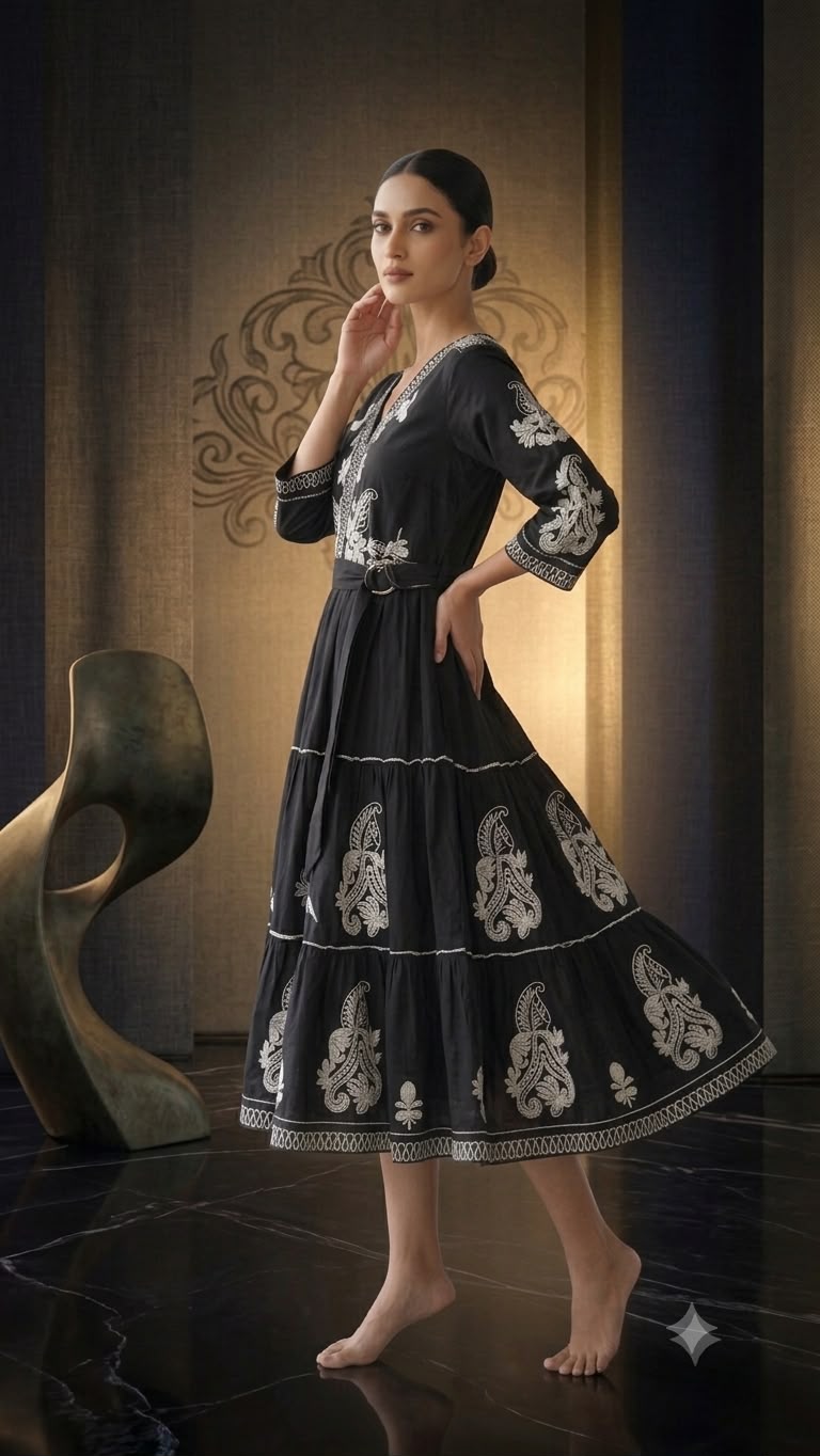Women's Black Embroidered Mulmul Cotton Midi Dress - Image 1