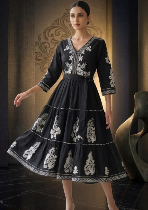 Women's Black Embroidered Mulmul Cotton Midi Dress