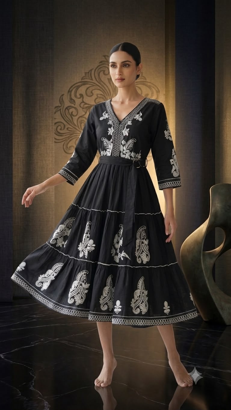 Women's Black Embroidered Mulmul Cotton Midi Dress