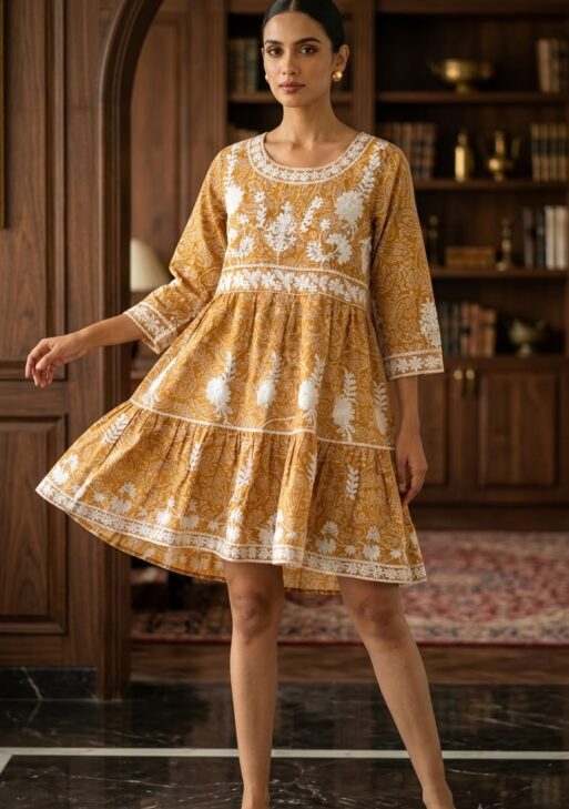 Women's Mustard Floral Printed Cotton Tiered Short Dress