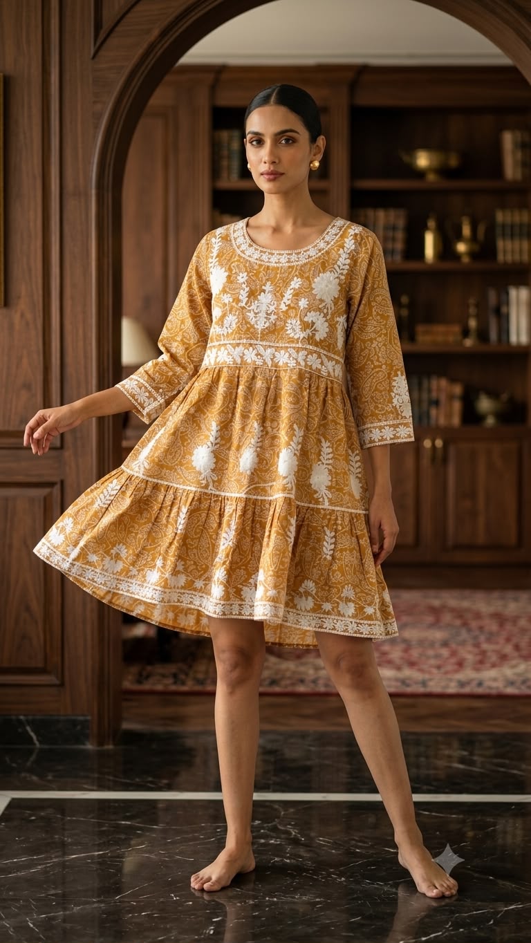 Women's Floral Printed Cotton Tiered Midi Dress