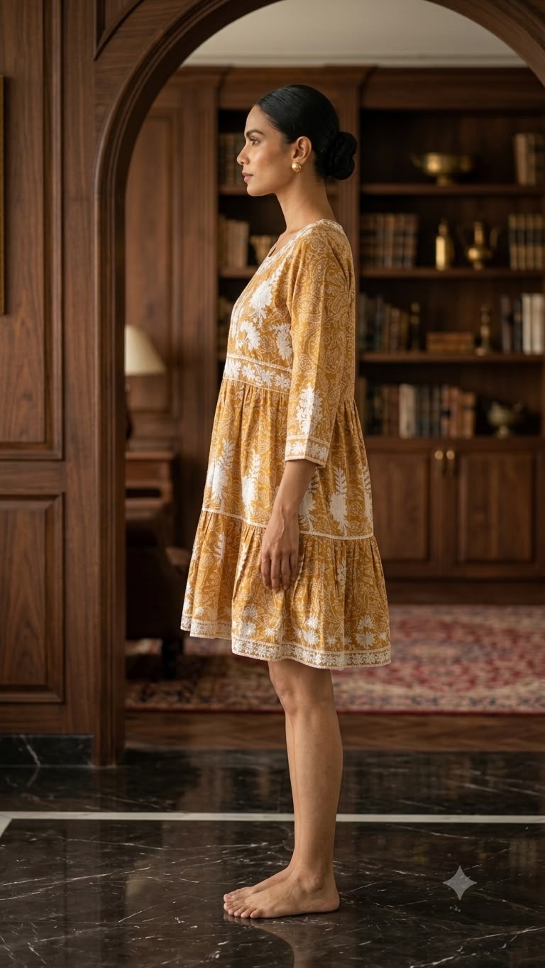 Women's Floral Printed Cotton Tiered Midi Dress - Image 3
