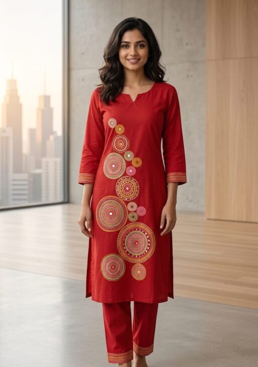 Women's Pure Cotton Printed Kurta Pant Set | Red Ethnic Wear