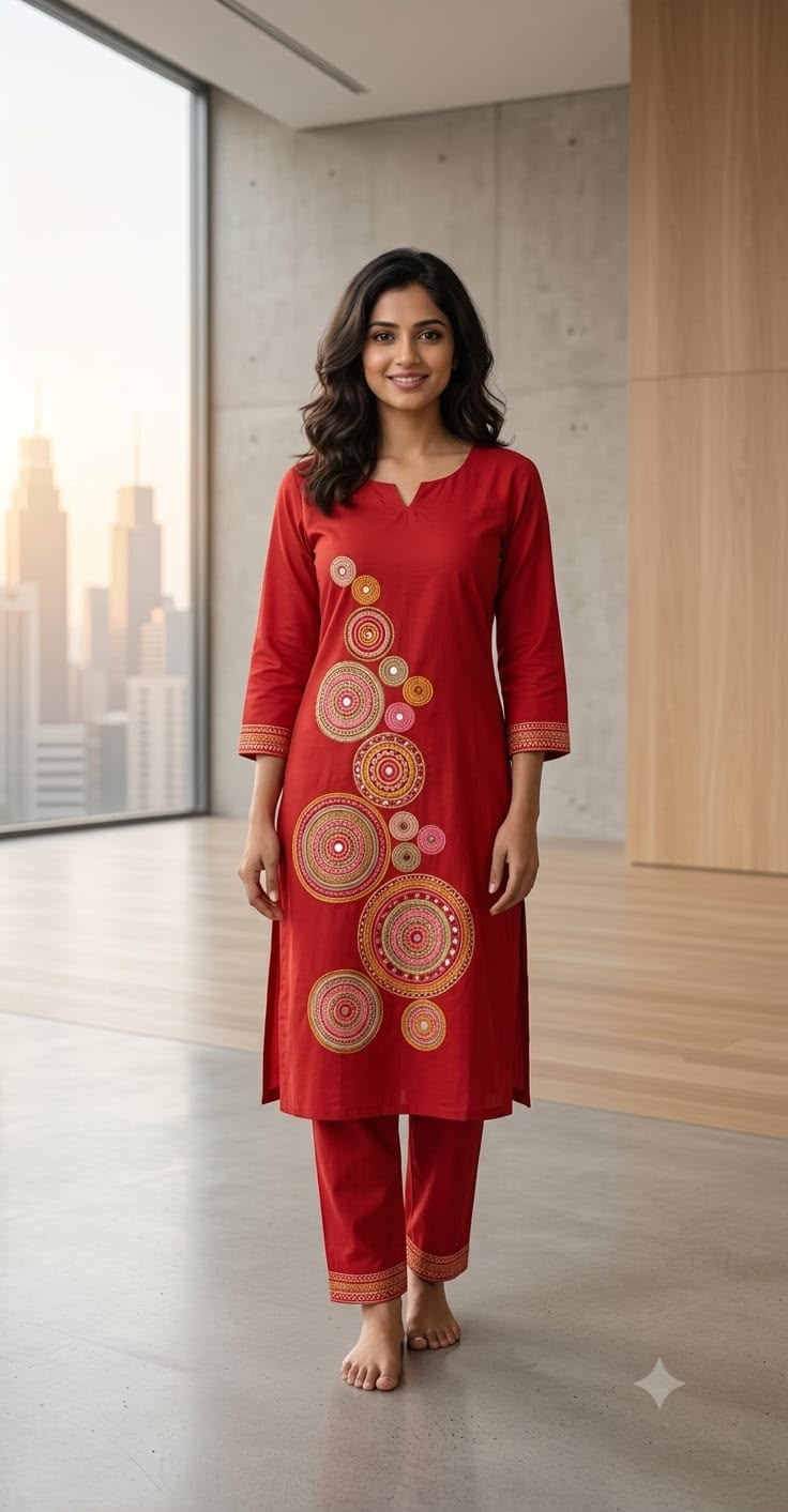 Women's Pure Cotton Printed Kurta Pant Set | Red Ethnic Wear
