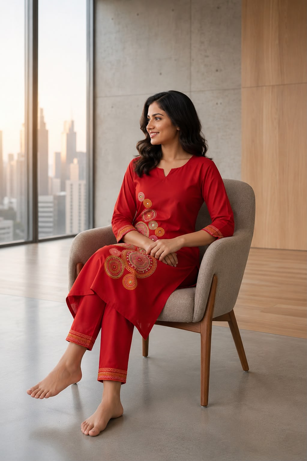 Women's Pure Cotton Printed Kurta Pant Set | Red Ethnic Wear - Image 3