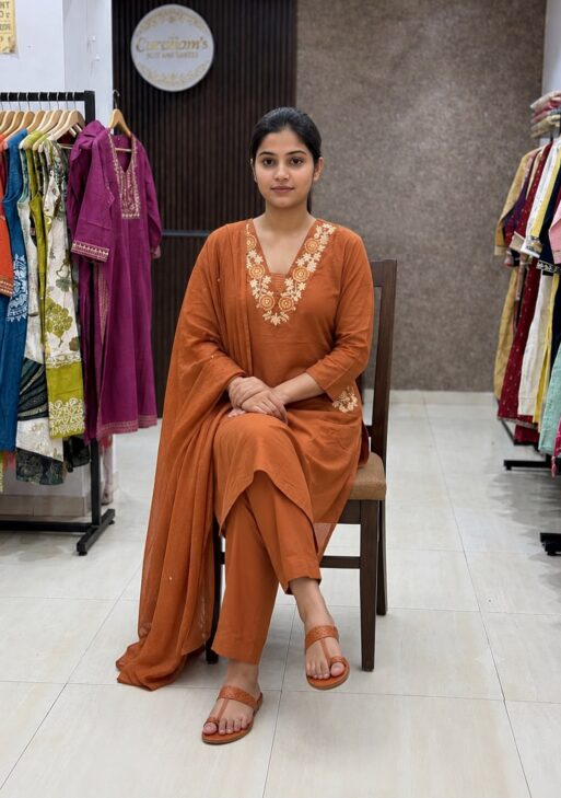 Women's Cotton Embroidered Kurta Pant with Dupatta Set