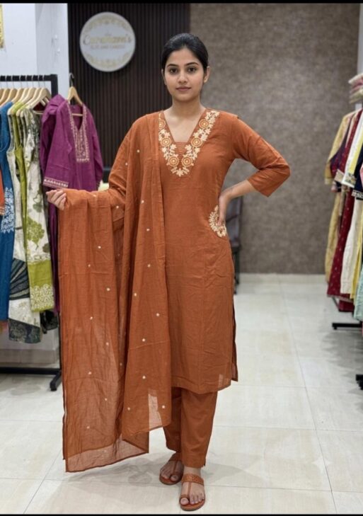 Women's Cotton Embroidered Kurta Pant with Dupatta Set