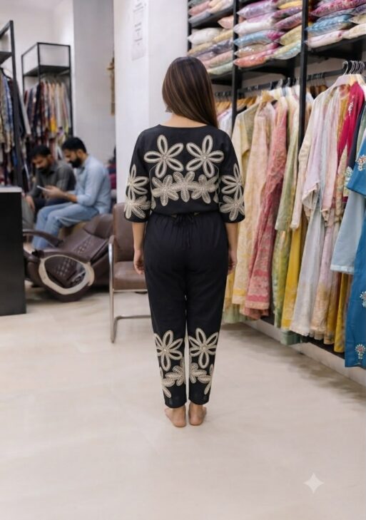 Women's Black Floral Embroidered Co-Ord Set