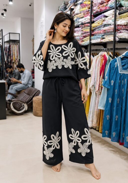 Women's Black Floral Embroidered Co-Ord Set