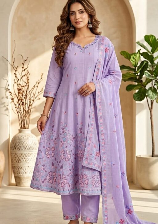 Women's Lavender Embroidered Cotton Suit Set with Dupatta