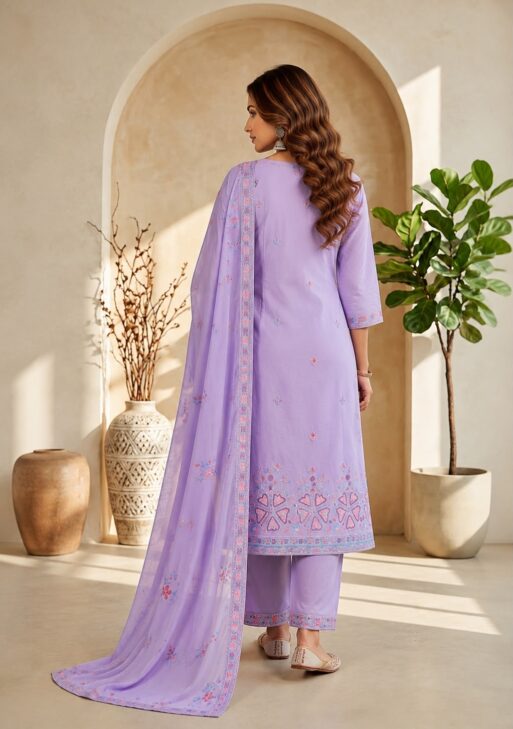 Women's Lavender Embroidered Cotton Suit Set with Dupatta