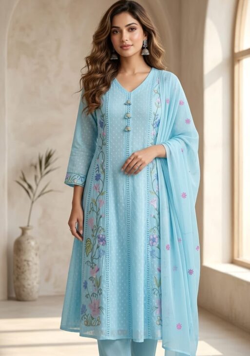 Women's Sky Blue Floral Embroidered Cotton Suit Set with Dupatta
