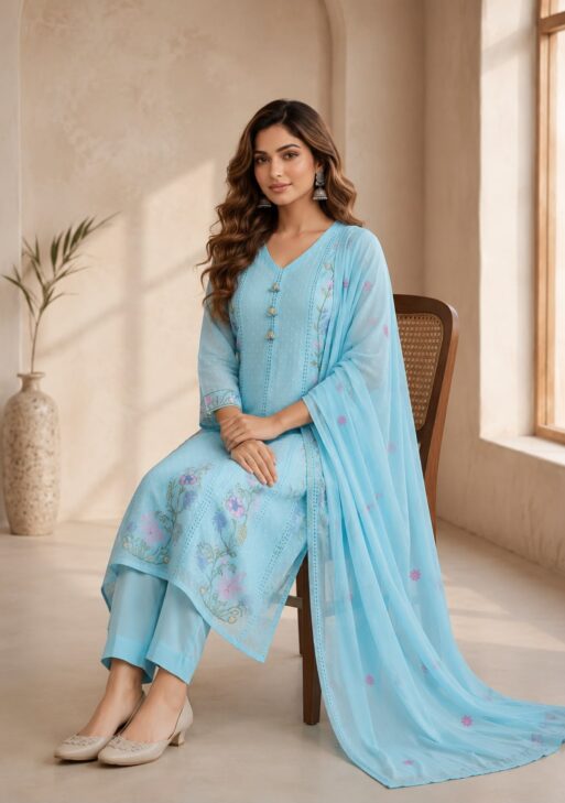 Women's Sky Blue Floral Embroidered Cotton Suit Set with Dupatta