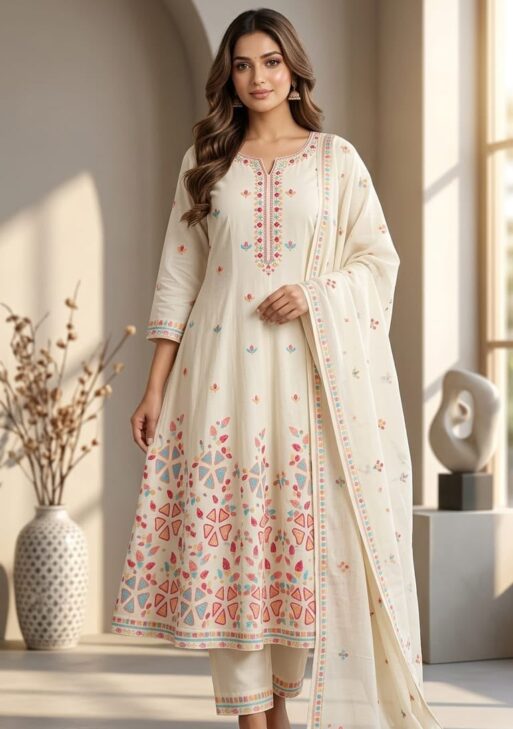 Women's Ivory White Floral Embroidered Cotton Suit Set with Dupatta