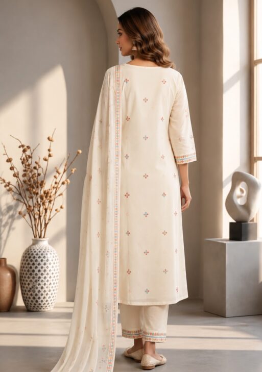 Women's Ivory White Floral Embroidered Cotton Suit Set with Dupatta