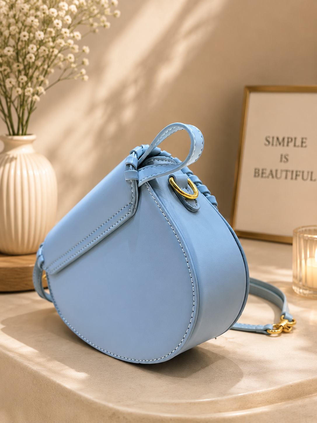 Premium Light Blue Women’s Sling Bag | Stylish Woven Edge Crossbody Shoulder Bag - Image 1