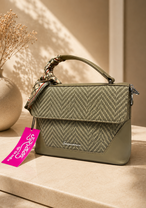 Women’s Elegant Textured Chevron Handbag with Scarf Detail – Olive Green