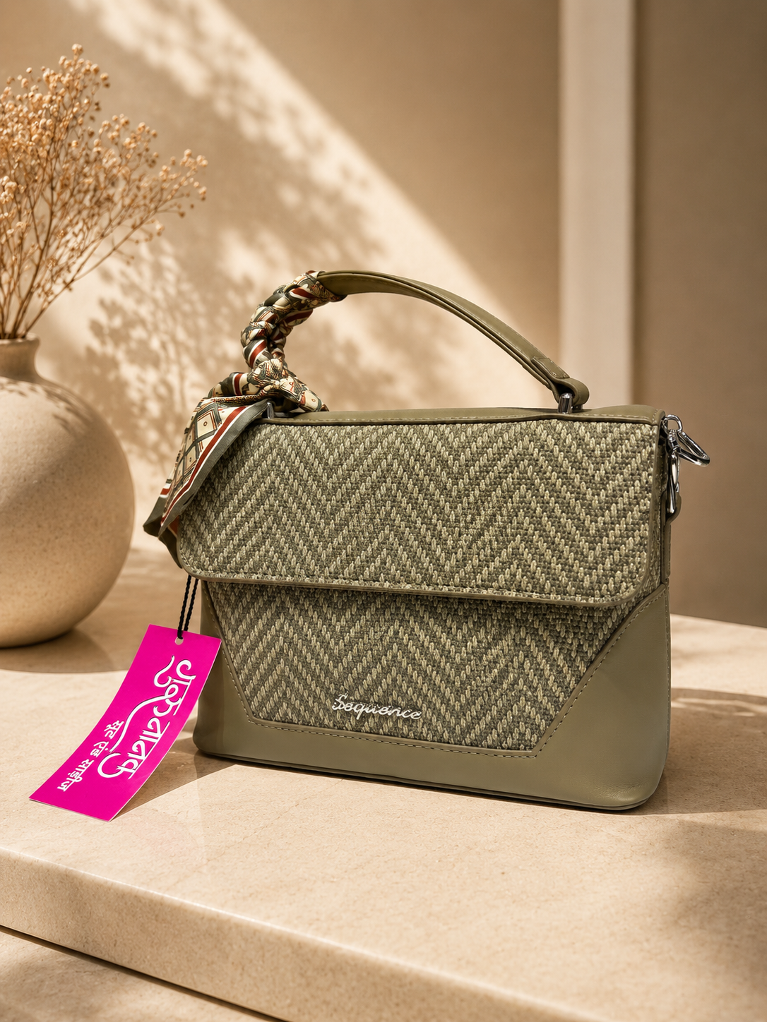 Women’s Elegant Textured Chevron Handbag with Scarf Detail – Olive Green