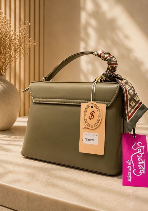 Women’s Elegant Textured Chevron Handbag with Scarf Detail – Olive Green
