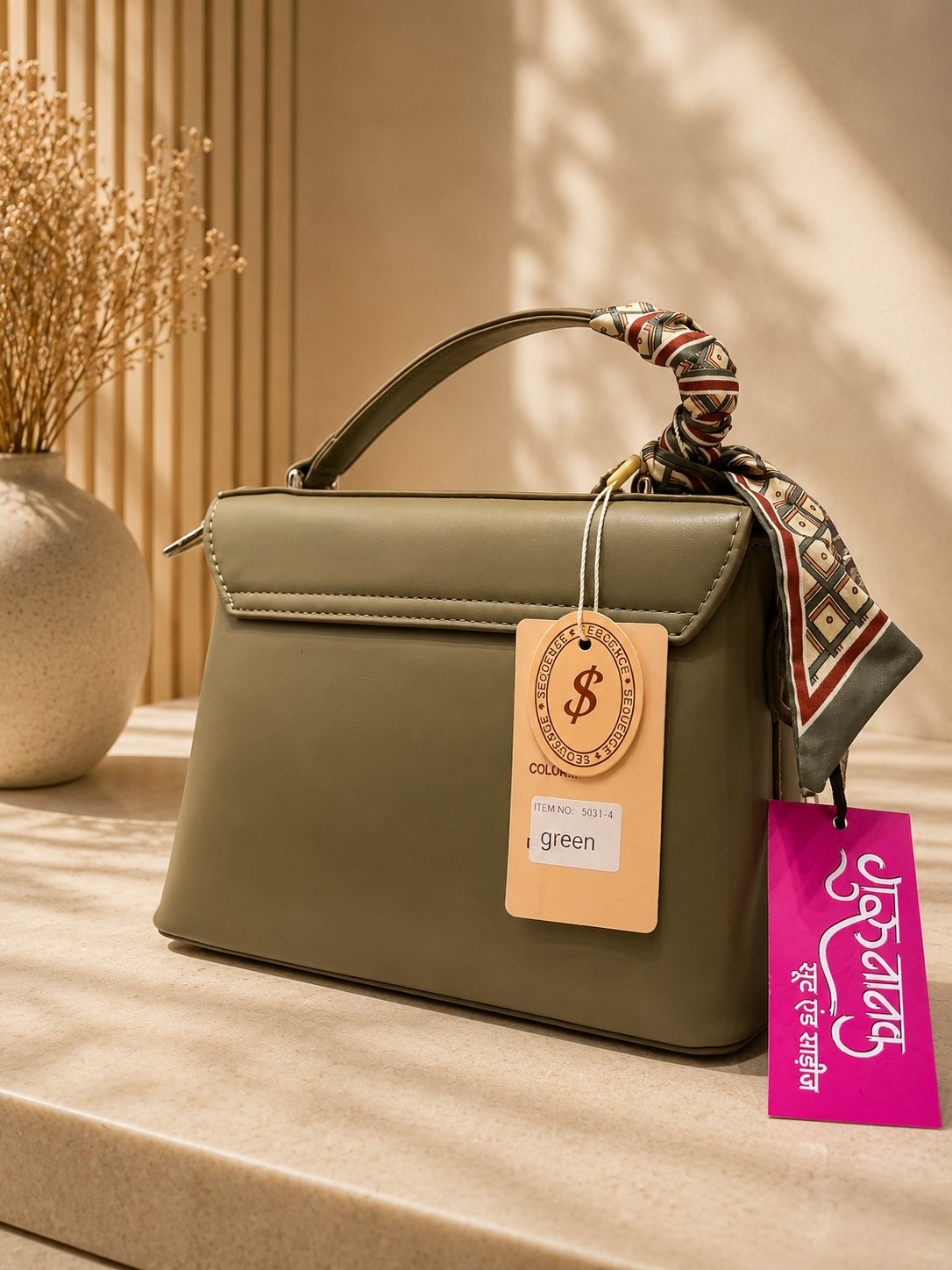 Women’s Elegant Textured Chevron Handbag with Scarf Detail – Olive Green - Image 1