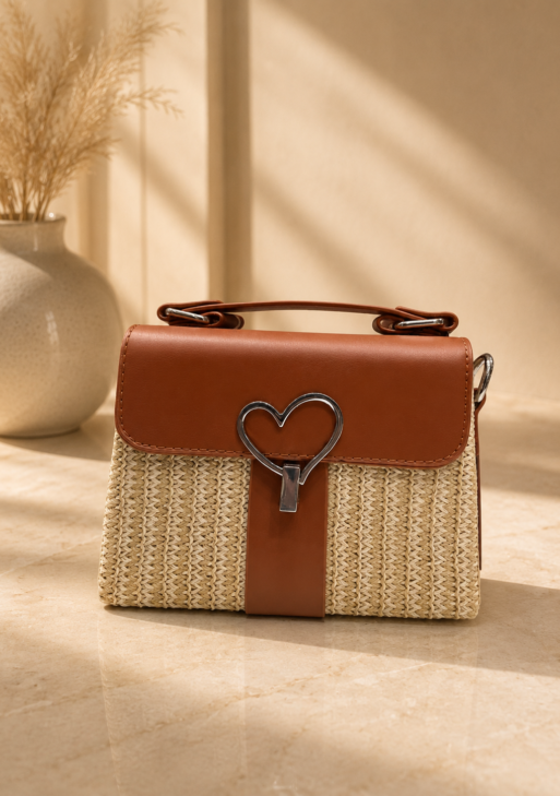 Premium Tan Brown Heart Lock Straw Weave Handbag for Women | Stylish Top Handle Sling Bag