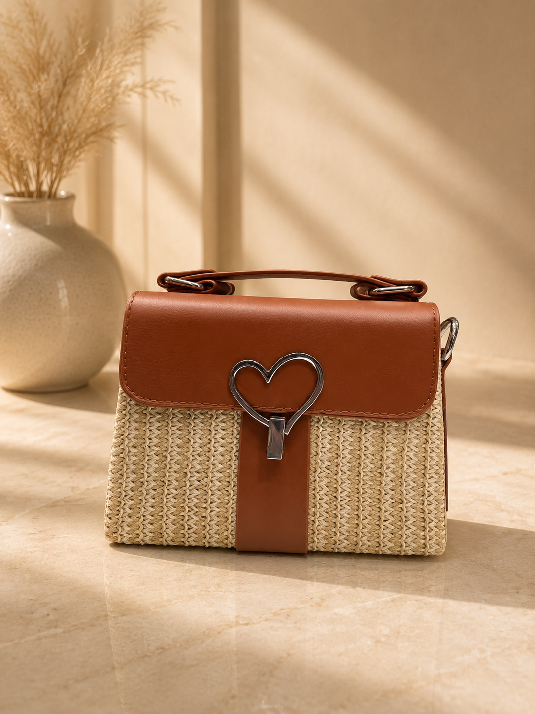 Premium Tan Brown Heart Lock Straw Weave Handbag for Women | Stylish Top Handle Sling Bag - Image 1