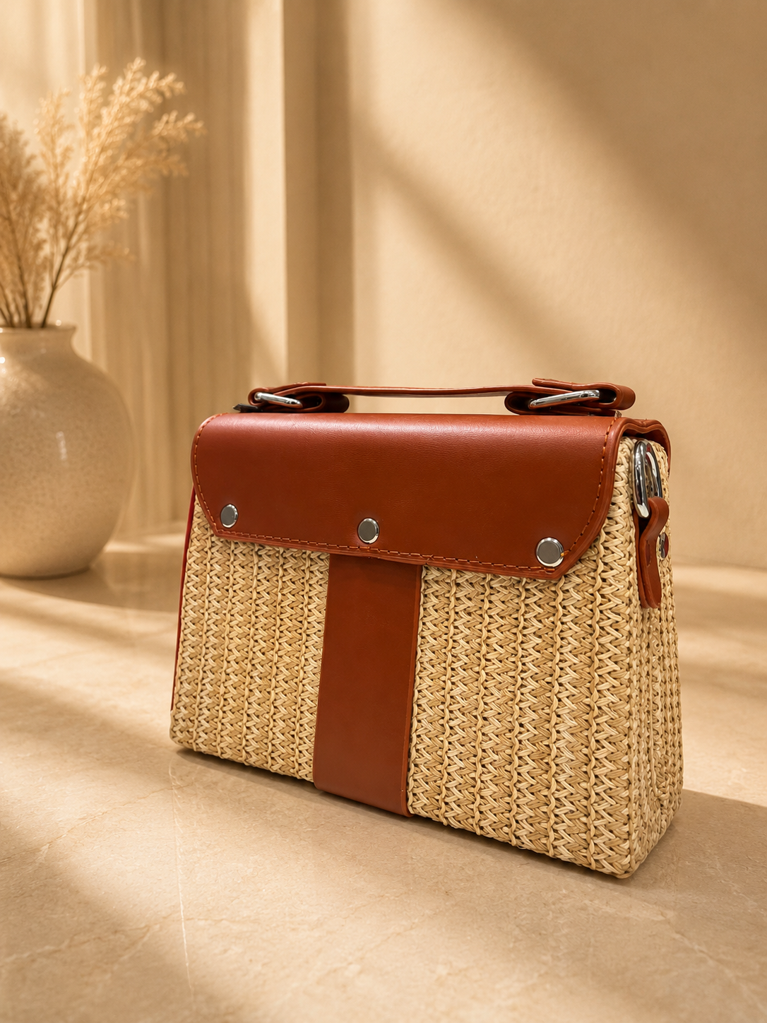 Premium Tan Brown Heart Lock Straw Weave Handbag for Women | Stylish Top Handle Sling Bag - Image 3