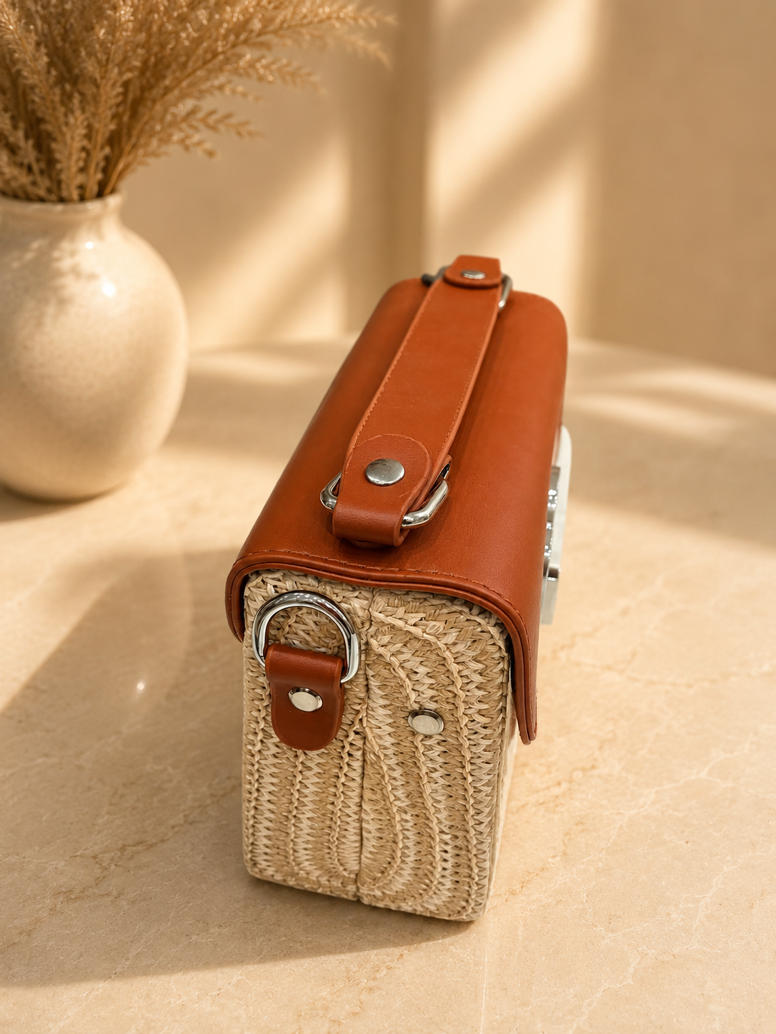 Premium Tan Brown Heart Lock Straw Weave Handbag for Women | Stylish Top Handle Sling Bag - Image 2