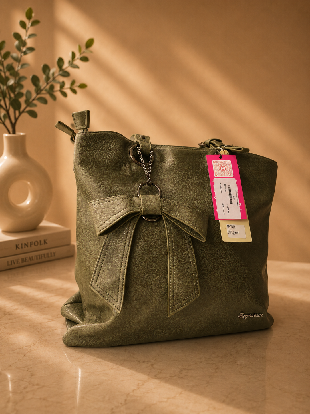 Premium Olive Green Bow Tote Handbag for Women | Stylish Shoulder & Sling Bag | Elegant Everyday Fashion Purse