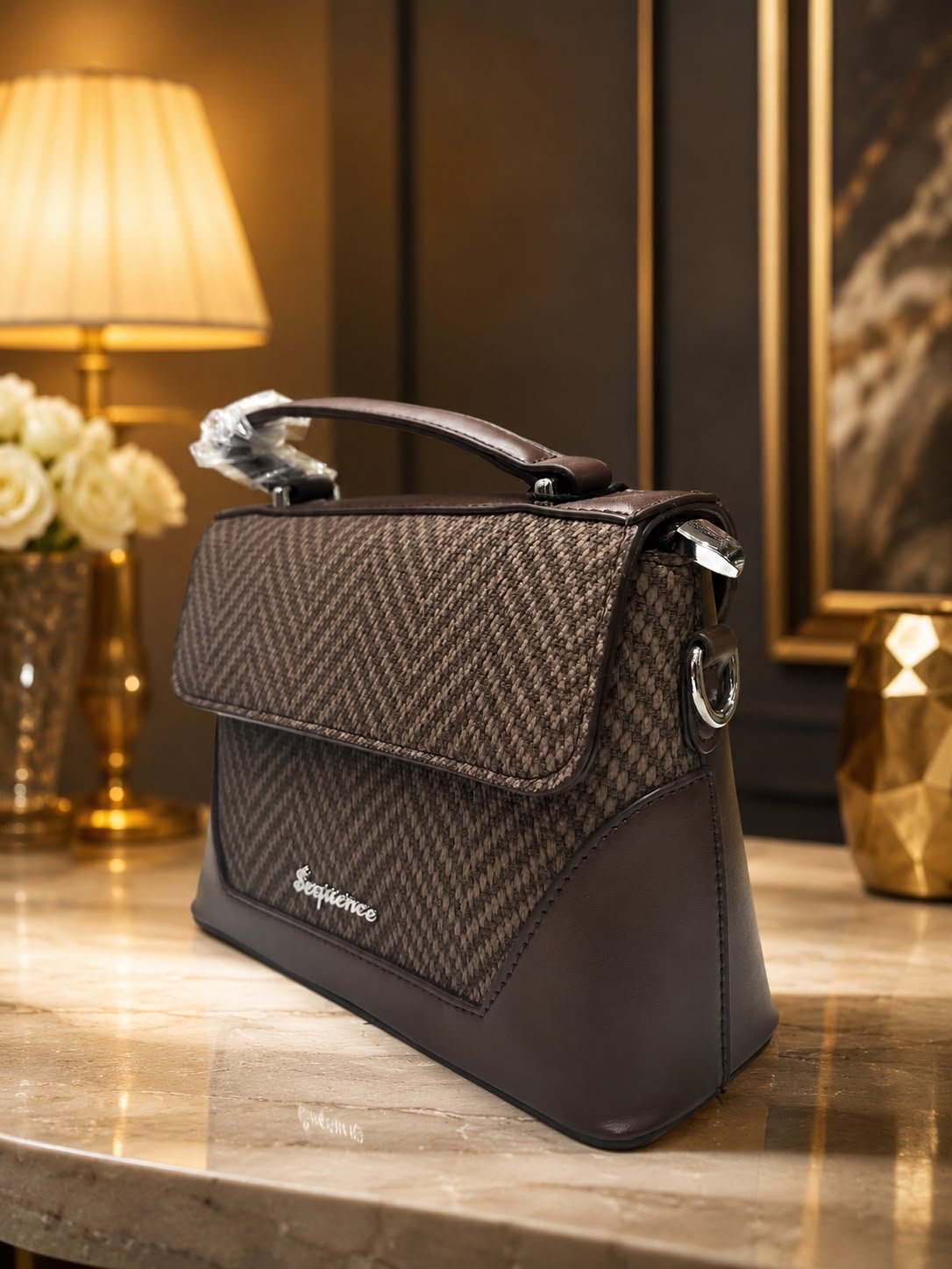 Sequence Premium Chevron Pattern Women's Handbag | Stylish Top Handle & Sling Bag | Brown Designer Ladies Purse Brand - Image 3